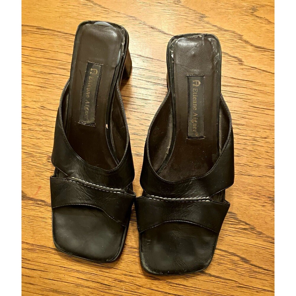 Etienne Aigner Black Leather Strappy Mule Block Heel Slip On Square Toe 8